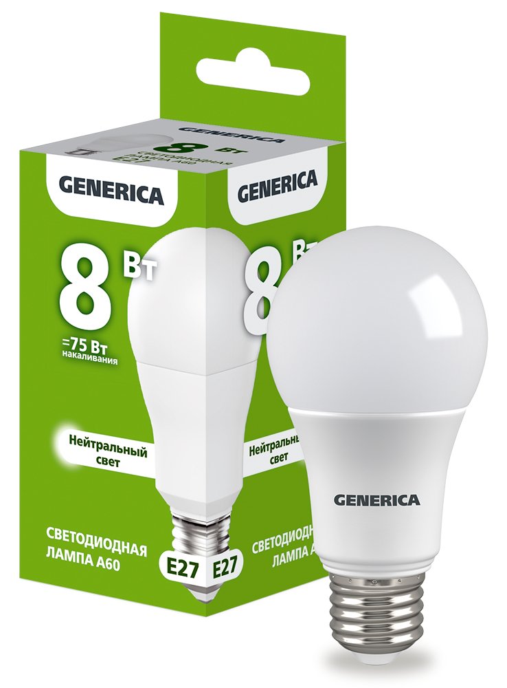 Лампа светодиодная A60 груша 8Вт 230В 4000К E27 GENERICA (LL-A60-08-230-40-E27-G)
