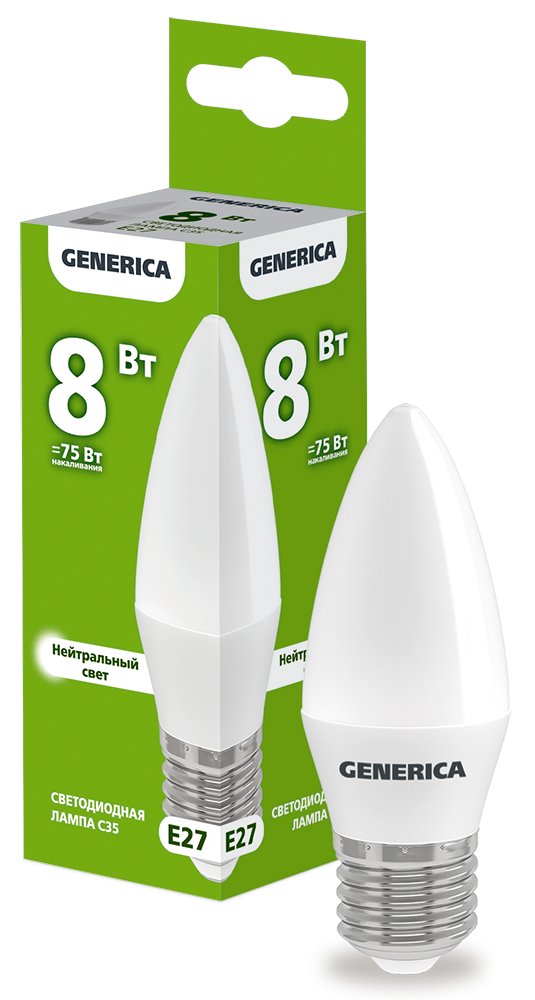 Лампа светодиодная C35 свеча 8Вт 230В 4000К E27 GENERICA (LL-C35-08-230-40-E27-G)