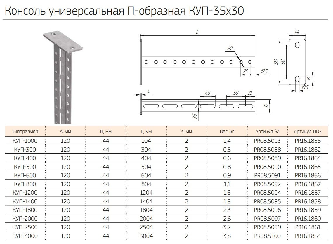 Консоль универсальная П-образная КУП-35х30х300 (PR08.5088) (Промрукав)