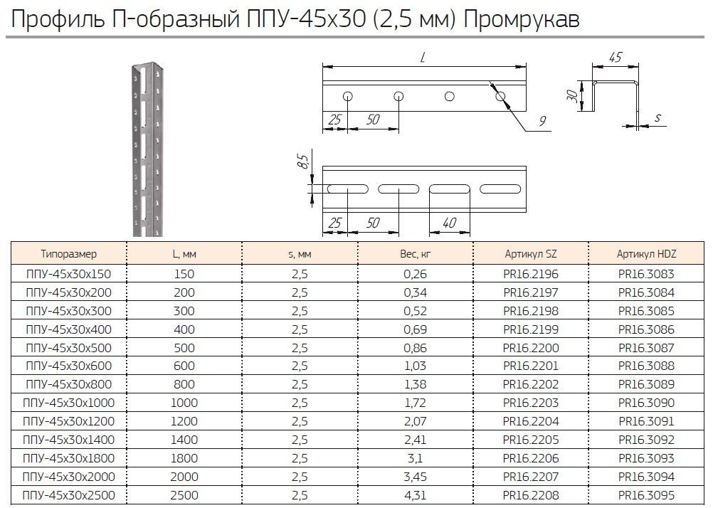 Профиль П-образный усиленный ППУ-45х30х1400 (2,5мм) (PR16.2205) (Промрукав)