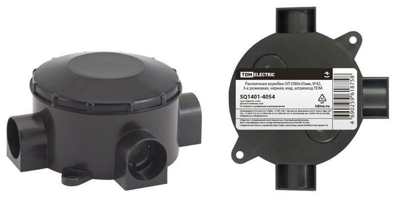 Распаячная коробка ОП D80х35мм, IP42, 3-х рожковая, черная TDM (SQ1401-4054)