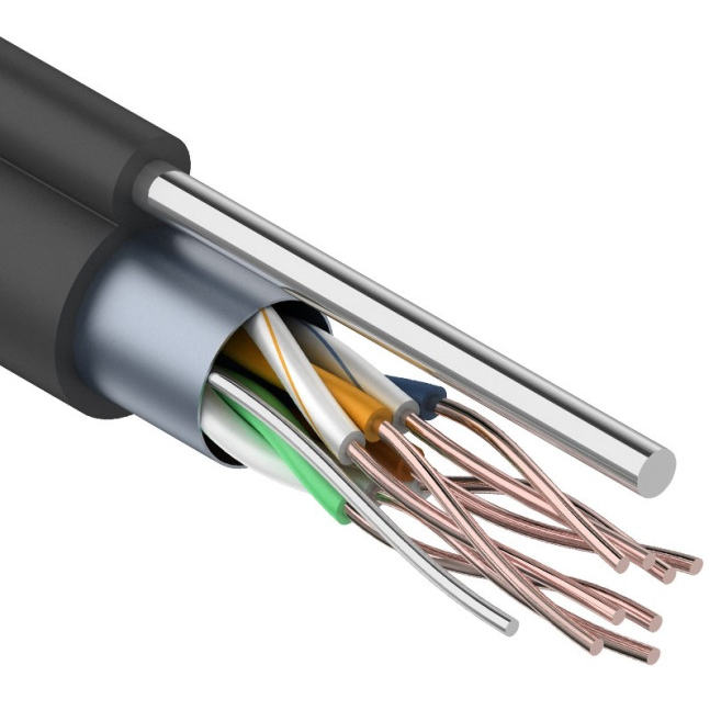 F/UTP, CAT 5e, PE, 4PR, 24AWG, OUTDOOR, SOLID, черный, с тросом, 305м, REXANT (01-0144)