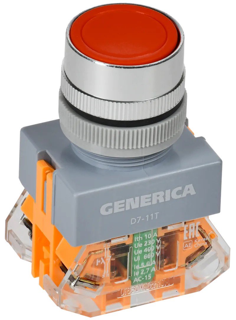 Кнопка управления D7-11T d=22мм с фиксацией красная GENERICA (BBT50-11T-3-21-K04-G)