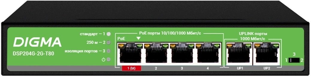 DSP204G-2G-T80 (L2) 6х1Гбит/с 4PoE 4PoE+ 1PoE++ 80W