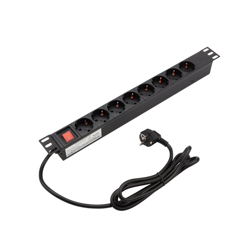 Блок розеток 19", 1U, 10 А, 8 розеток, корпус алюминий, со шнуром питания (04-0309)