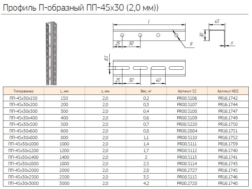 Профиль П-образный ПП-45х30х1000 (2,0мм) (PR08.5111) (Промрукав)
