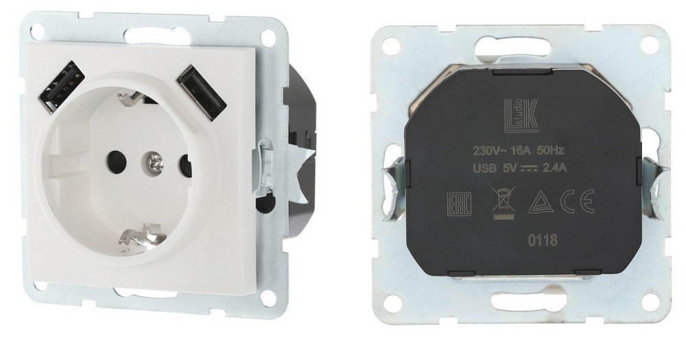 Розетка с з/к + 2xUSB разъема, 2А, белый LK60 (868004-1)