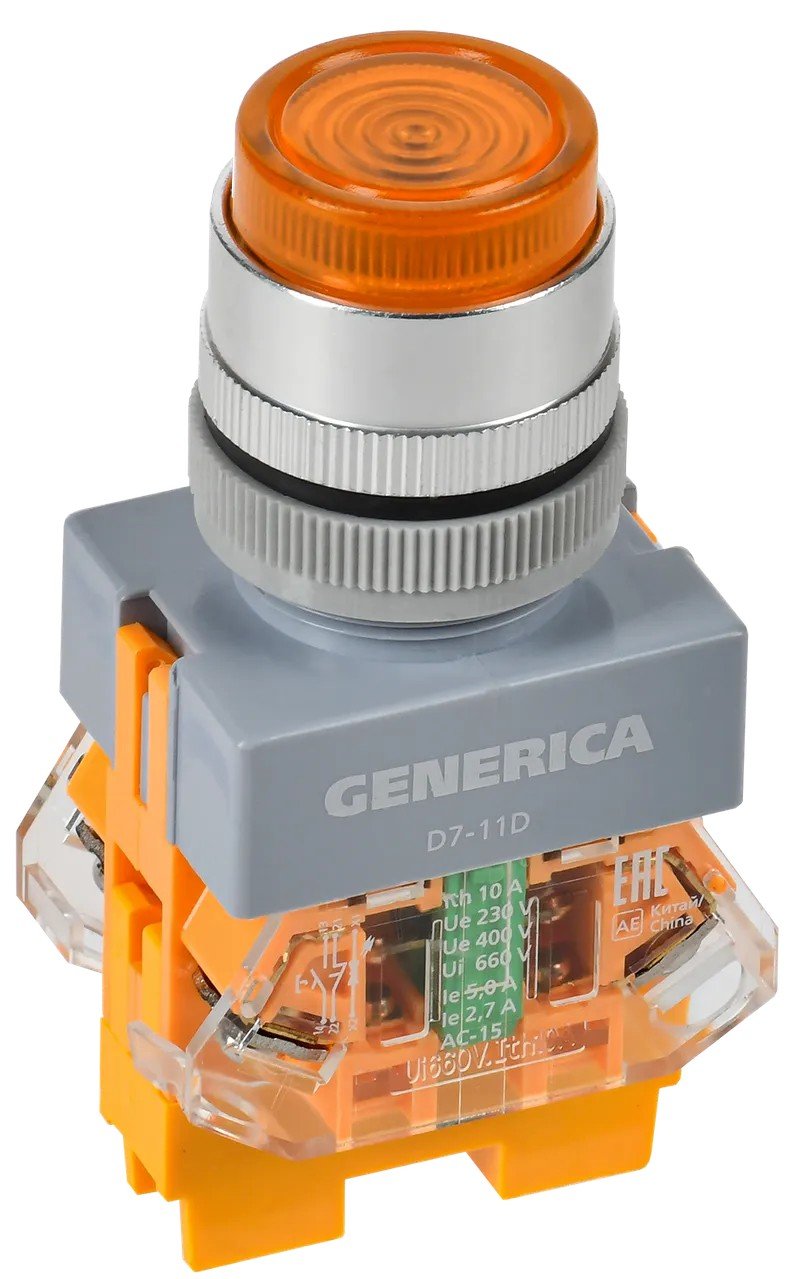 Кнопка управления D7-11D d=22мм с подсветкой желтая GENERICA (BBT50-11D-3-12-K05-G)
