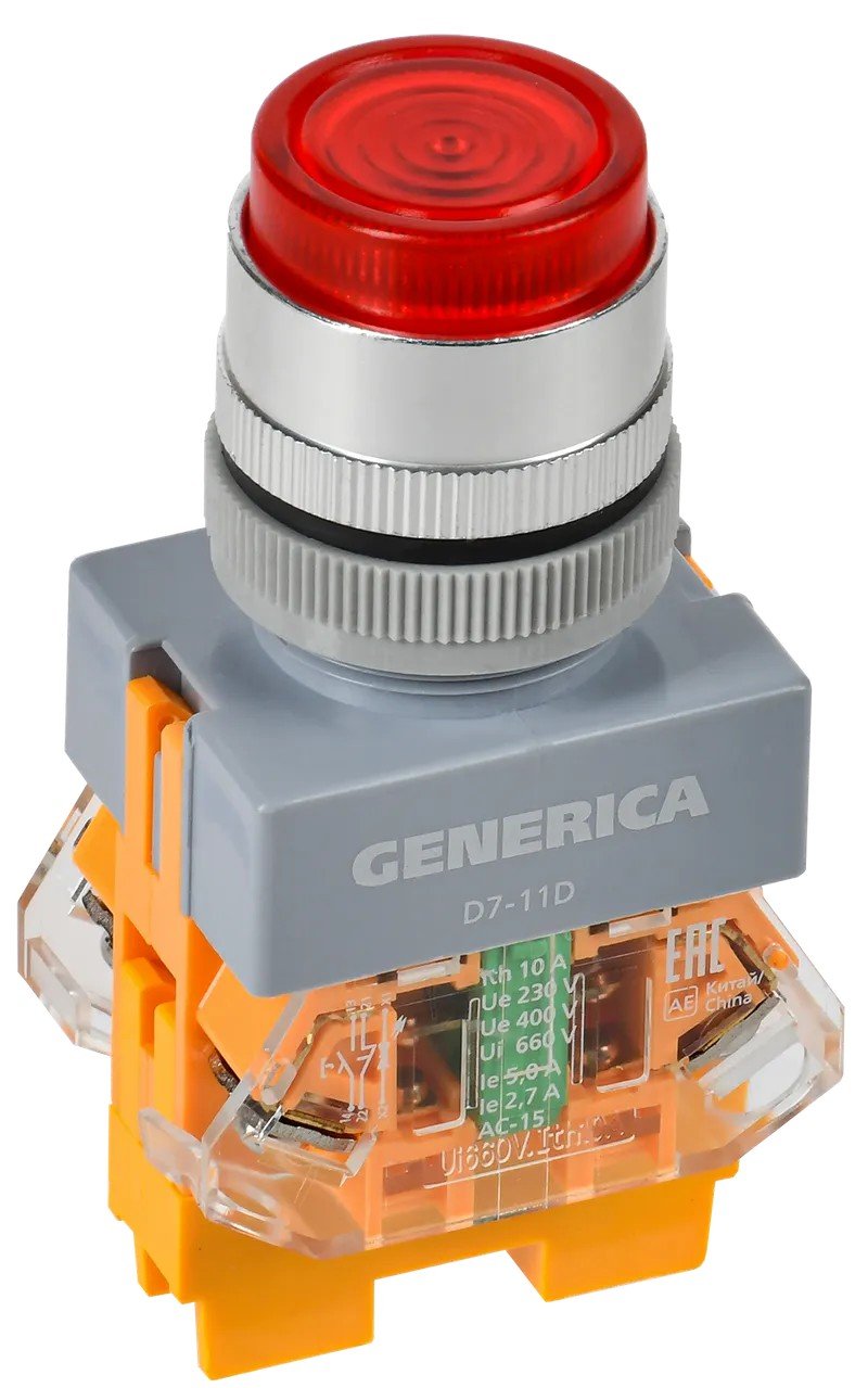 Кнопка управления D7-11D d=22мм с подсветкой красная GENERICA (BBT50-11D-3-12-K04-G)