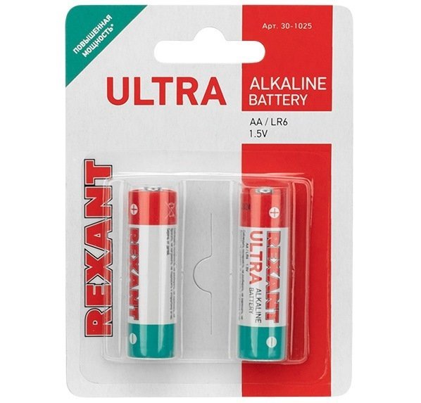 Ультра алкалиновая батарейка AA/LR6 1,5 V 2 шт. блистер REXANT (30-1025)