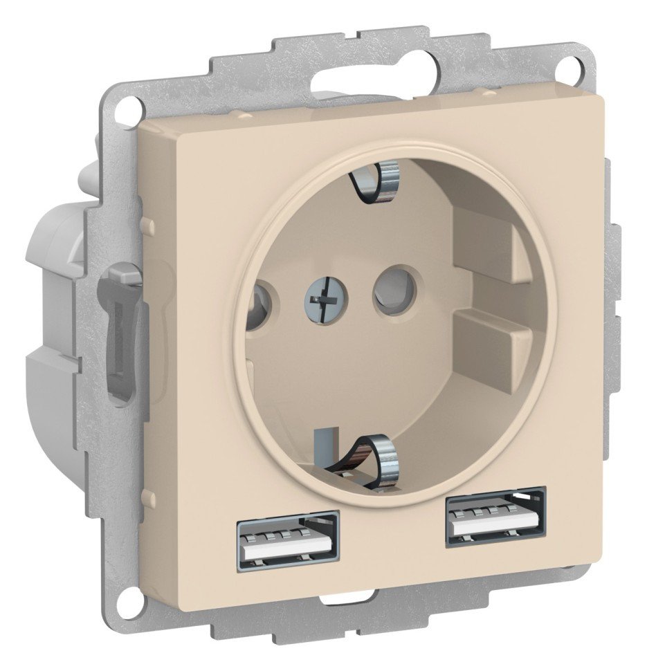 AtlasDesign розетка 1-местная с 2 USB A+A, скрытой установки, механизм, бежевый (ATN000230)