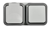 TORS Блок TS242 (розетка 1-местная с заземлением + выключатель 1-клавишный и крышкой) горизонтальный открытой установки IP55 серо-белый (TS-G10-6-55-V-K41)
