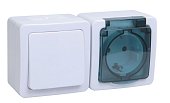 ГЕРМЕС PLUS Блок (выключатель 1-клавишный + розетка 1-местная с заземлением и крышкой) БГб-22-31-ГПБд открытой установки IP54 (белая клавиша/дымчатая крышка) (EBGMP20-K03-31-54-EC)